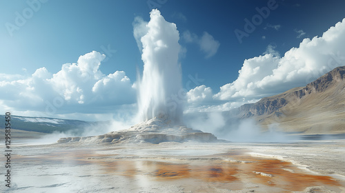 Wallpaper Mural Geyser erupts majestically in Yellowstone National Park under a bright blue sky with scattered clouds during midday Torontodigital.ca