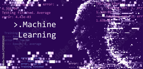 Digital vector illustration depicts artificial intelligence through a pixelated face and code snippets, symbolizing technology, data, and machine learning in a blue color scheme.