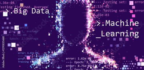 Digital vector illustration depicts artificial intelligence through a pixelated face and code snippets, symbolizing technology, data, and machine learning in a blue color scheme.