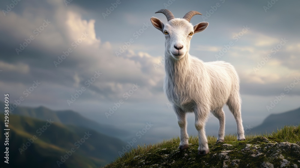 White Goat on Mountaintop under Dramatic Cloudy Sky White Goat on Mountaintop under Dramatic Cloudy Sky