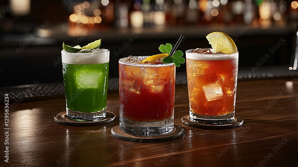 St. Patrick’s Day Irish Culture concept. Three colorful cocktails garnished with fruits sit on a bar counter, showcasing vibrant drinks in a lively atmosphere.