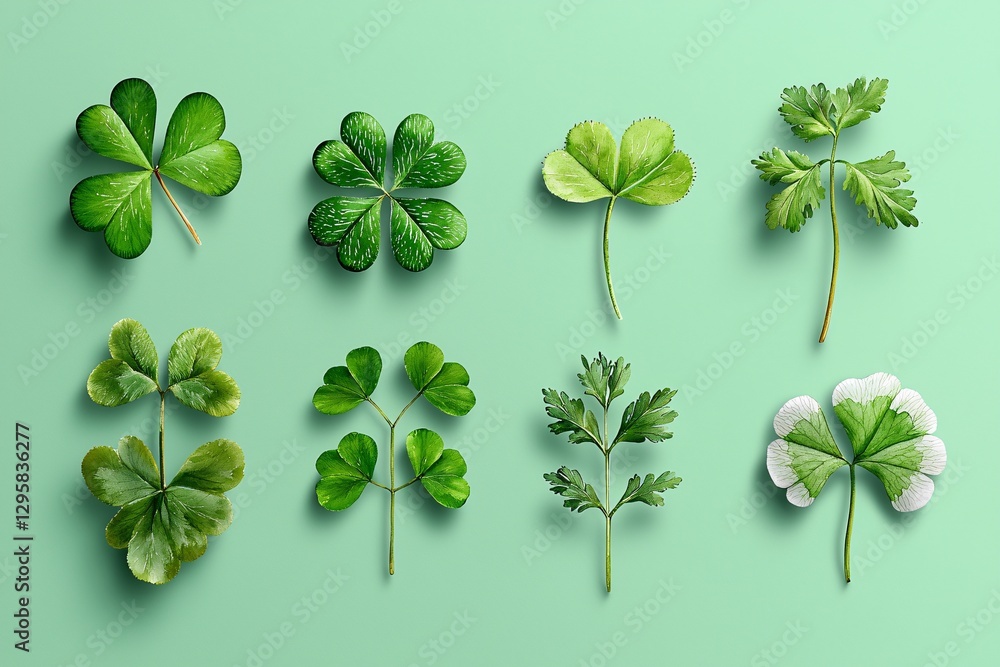 St. Patrick’s Day Irish Culture concept. A collection of various green leaves arranged symmetrically on a soft green background, showcasing different shapes and textures.