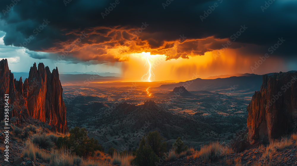 Fototapeta premium Dramatic lightning storm illuminates canyon landscape during dusk in a remote wilderness area