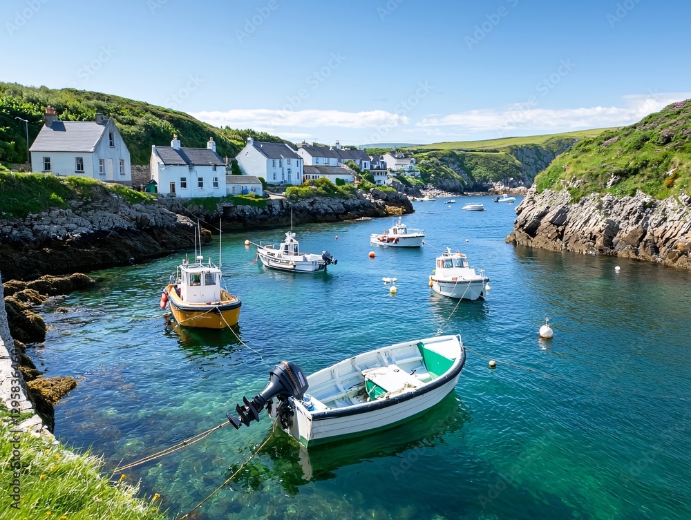 A serene coastal scene featuring small boats anchored in a picturesque harbor surrounded by lush green hills and charming white cottages.