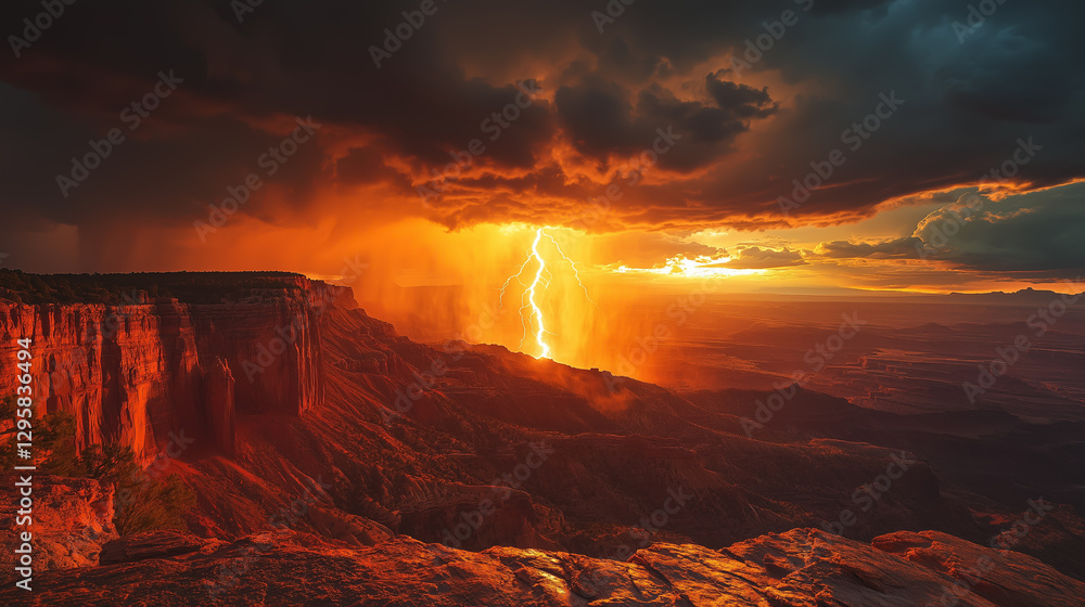 Fototapeta premium Dramatic lightning strikes over rugged cliffs during a vibrant sunset in a canyon landscape