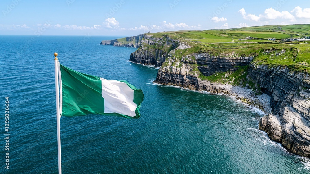 St. Patrick’s Day Irish Culture concept. A Nigerian flag waves over scenic cliffs and a vibrant ocean, capturing a picturesque coastal landscape.