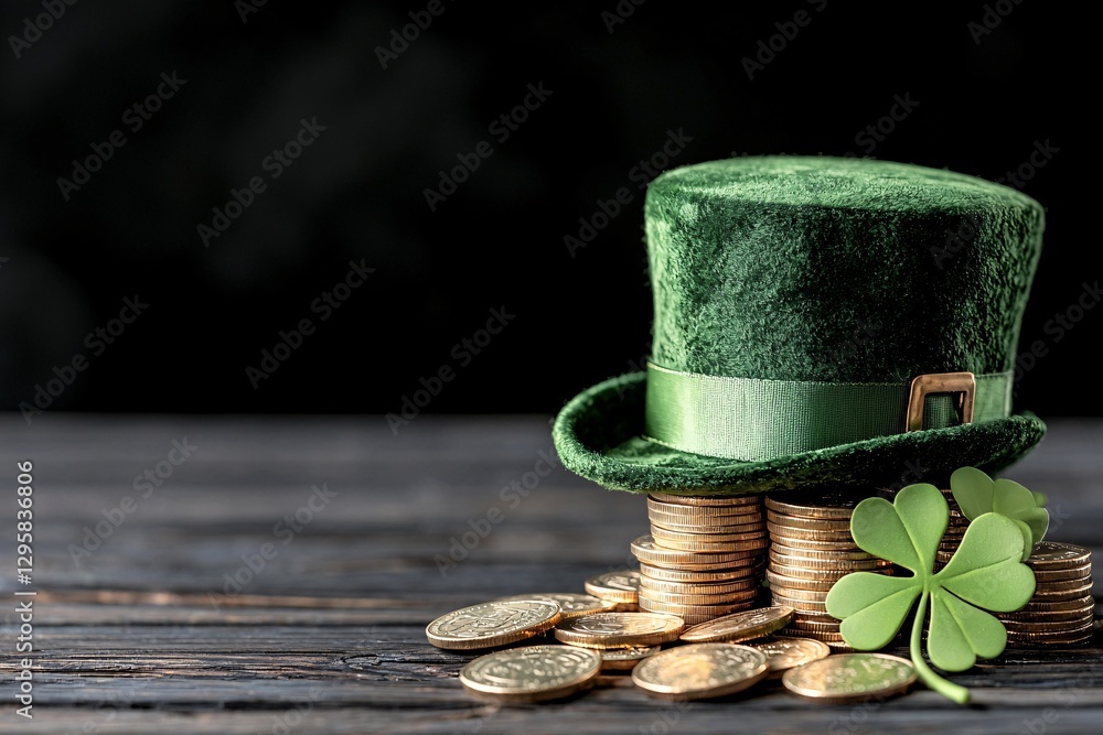 St. Patrick’s Day Irish Culture concept. A green leprechaun hat sits atop a stack of gold coins, accompanied by a shamrock, symbolizing St. Patrick's Day themes and prosperity.