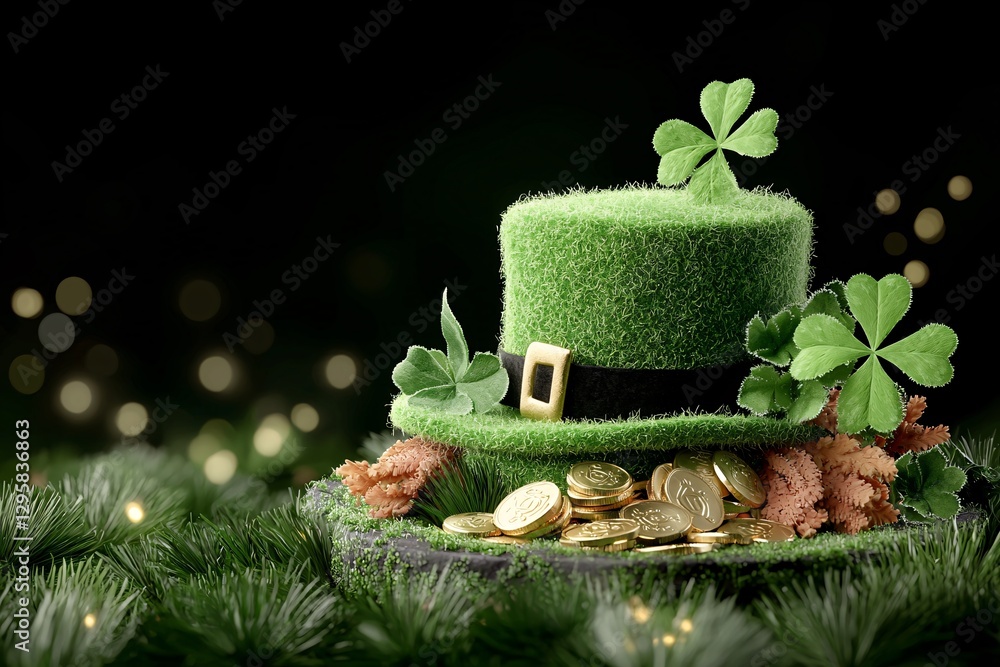 St. Patrick’s Day Irish Culture concept. A festive green top hat with shamrocks and gold coins, symbolizing St. Patrick's Day, set against a dark, blurred background.