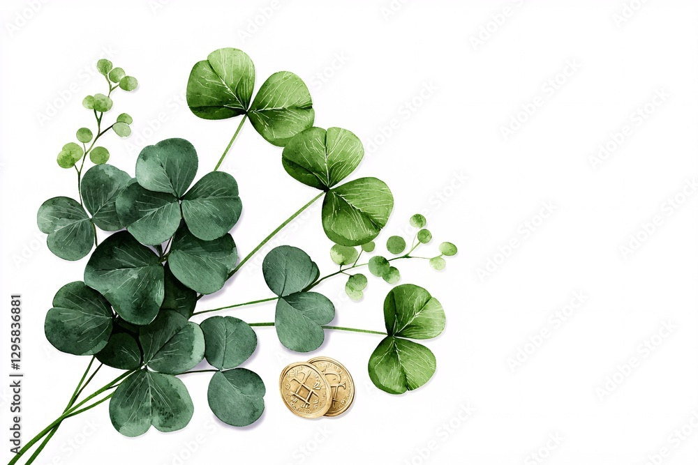 St. Patrick’s Day Irish Culture concept. A cluster of green leaves with a textured surface and a few round objects, set against a white background, conveys a fresh, natural vibe.