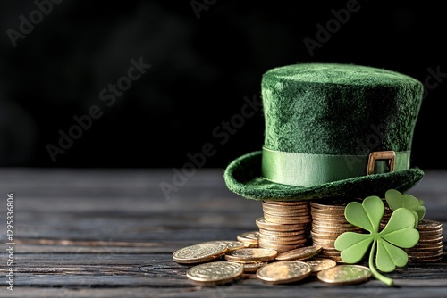 Obraz na płótnie St. Patrick’s Day Irish Culture concept. A green leprechaun hat sits atop a stack of gold coins, accompanied by a shamrock, symbolizing St. Patrick's Day themes and prosperity. w salonie