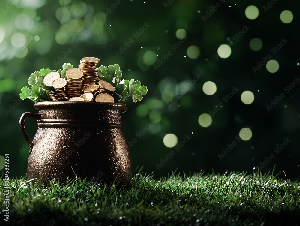 St. Patrick’s Day Irish Culture concept. A pot overflowing with gold coins and greenery, set against a soft-focus green background with bokeh lights.