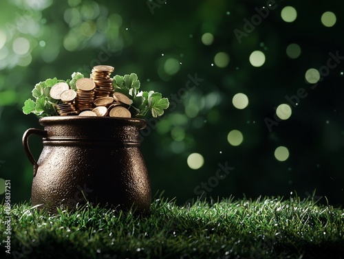 St. Patrick’s Day Irish Culture concept. A pot overflowing with gold coins and greenery, set against a soft-focus green background with bokeh lights.