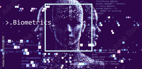 Vector illustration of a pixelated faces overlaid with code, representing biometrics and technology in a digital landscape with blue tones and data elements.