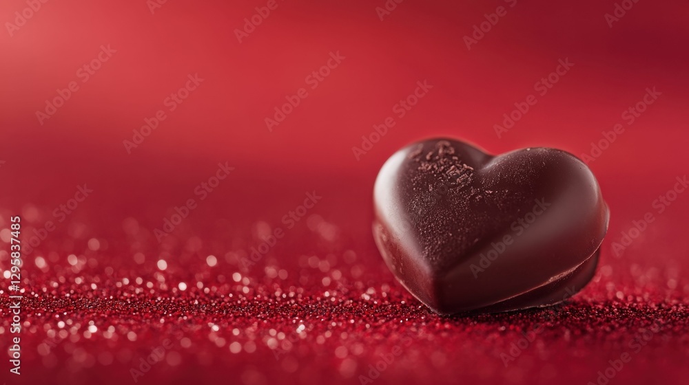 Obraz premium Close-up of a heart-shaped chocolate candy resting on a red background, illuminated by soft lighting, festive and romantic