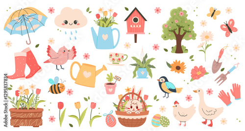 Welcome spring elements collection - big stickers set with cute birds, flowers, butterflies, Easter eggs and decorations. Hand drawn flat cartoon elements. Vector illustration