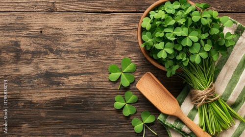 St. Patrick’s Day Irish Culture concept. Fresh green herbs in a bowl on a rustic wooden table, accompanied by a wooden spoon and a striped cloth for a cozy kitchen vibe.