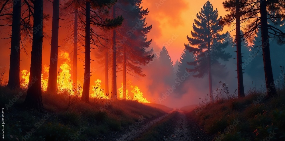 Burning forest during a wildfire with flames engulfing trees and foliage, forest, tree fire, blaze Burning forest during a wildfire with flames engulfing trees and foliage, forest, tree fire, blaze