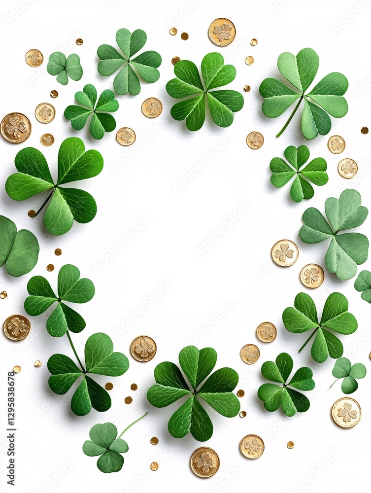 St. Patrick’s Day Irish Culture concept. A circular arrangement of green clovers and gold coins on a white background, symbolizing luck and prosperity.