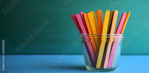 Colorful popsicle sticks are abundantly filled in a jar, creating a unique DIY summer decoration photo