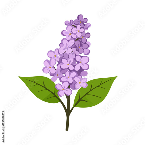 Simple flat 2D illustration of lilac branch with leaves isolated on a white background, AI purple lilac branch painting