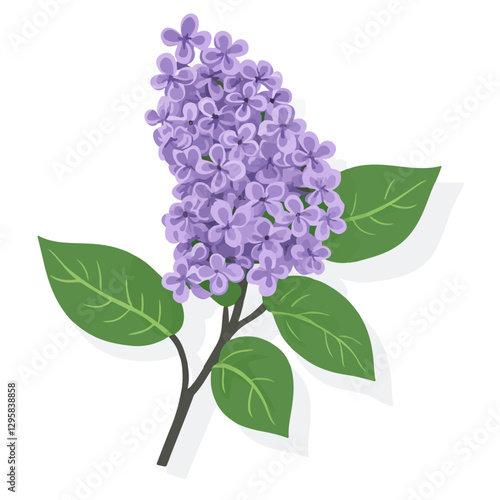 Simple flat 2D illustration of lilac branch with leaves isolated on a white background, AI purple lilac branch illustration