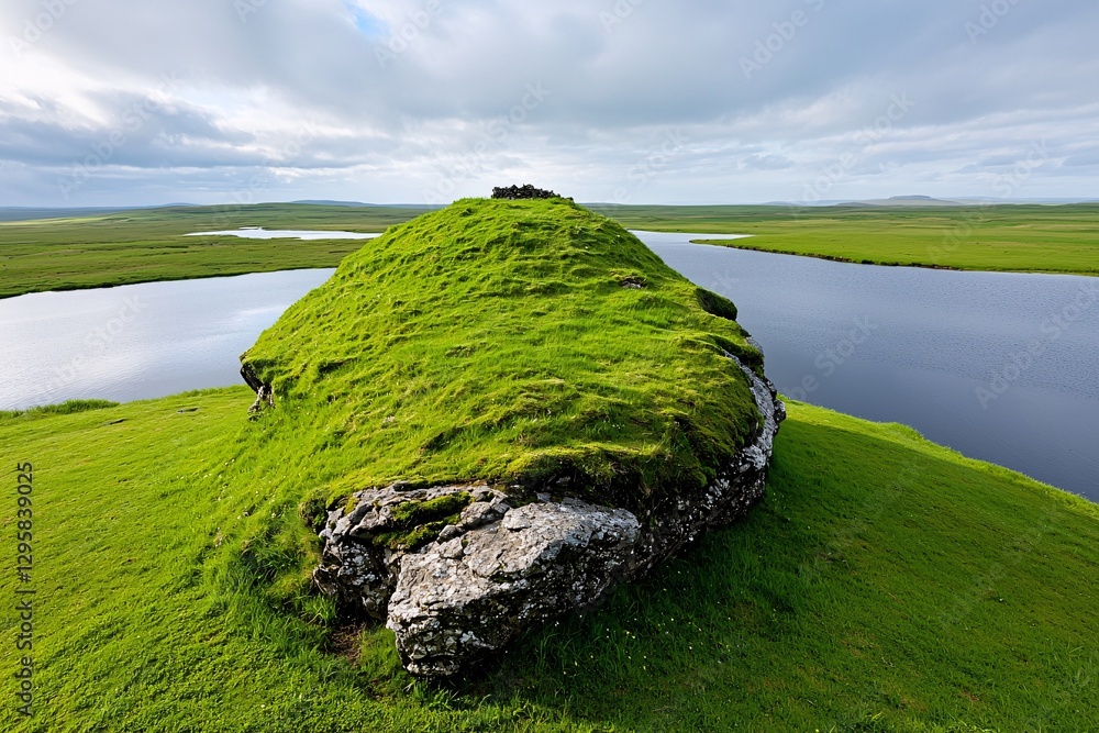 St. Patrick’s Day Irish Culture concept. Lush green hill surrounded by water under a cloudy sky, showcasing serene natural beauty and tranquility.