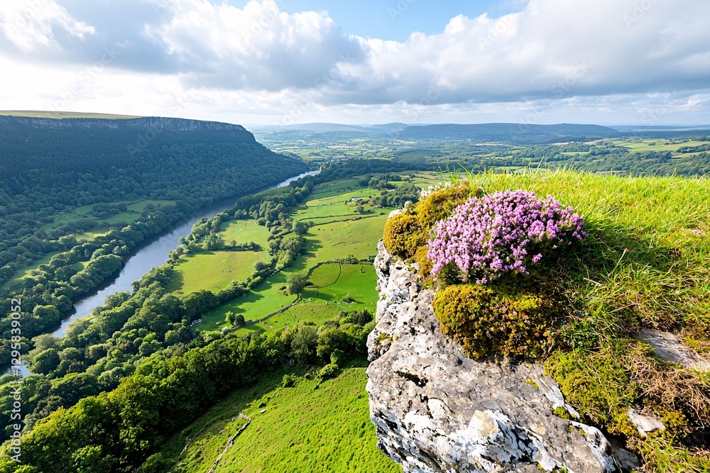 St. Patrick’s Day Irish Culture concept. A vibrant landscape featuring a rocky cliff adorned with flowers, overlooking a lush valley and a winding river under a bright blue sky.