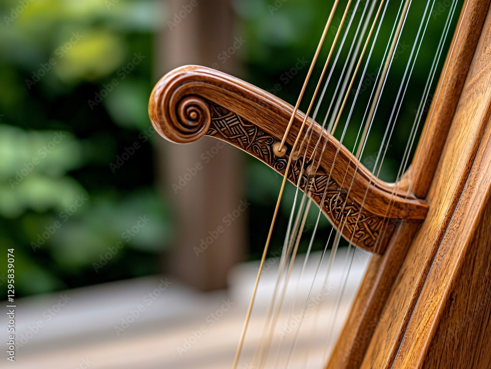 St. Patrick’s Day Irish Culture concept. Close-up of a beautifully crafted wooden harp, showcasing intricate detailing and strings against a blurred natural background.