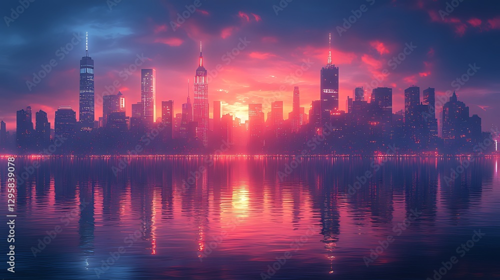 Fototapeta premium Cityscape sunrise reflection, urban waterfront, vibrant sky, promotional use