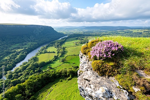 Obraz na płótnie St. Patrick’s Day Irish Culture concept. A vibrant landscape featuring a rocky cliff adorned with flowers, overlooking a lush valley and a winding river under a bright blue sky. w salonie