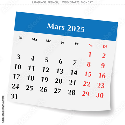French calendar for march 2025. Vector illustration of winter month paper page for France - mars calendrier