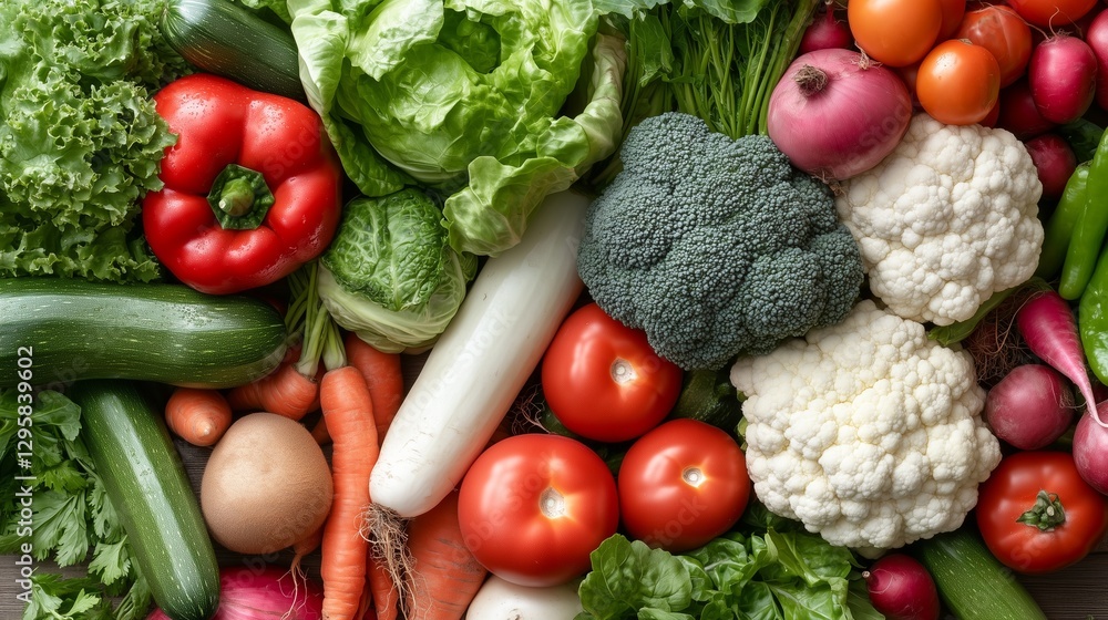 Top view A vibrant fresh vegetables and fruits high detail Top view A vibrant fresh vegetables and fruits high detail