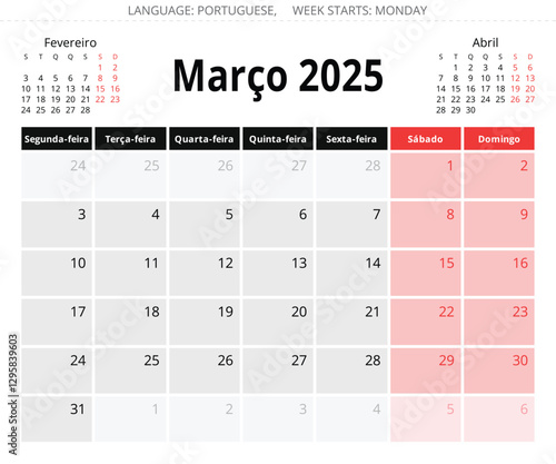 March PORTUGUESE monthly calendar 2025 year. Vector page illustration for Portugal