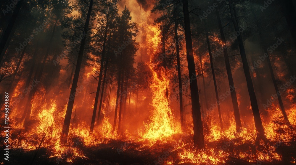 Intense Wildfire Burning Through Forest with Towering Flames and Thick Smoke Surrounded by Dark Trees in a Dramatic Scene of Nature's Fury Intense Wildfire Burning Through Forest with Towering Flames and Thick Smoke Surrounded by Dark Trees in a Dramatic Scene of Nature's Fury