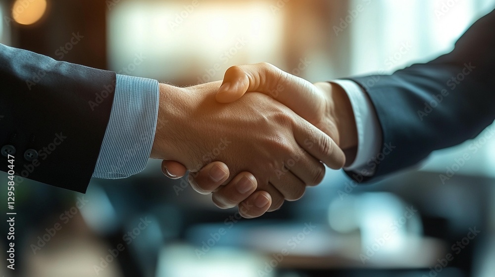 Close-up of two businessmen shaking hands, signifying agreement and partnership. Close-up of two businessmen shaking hands, signifying agreement and partnership.