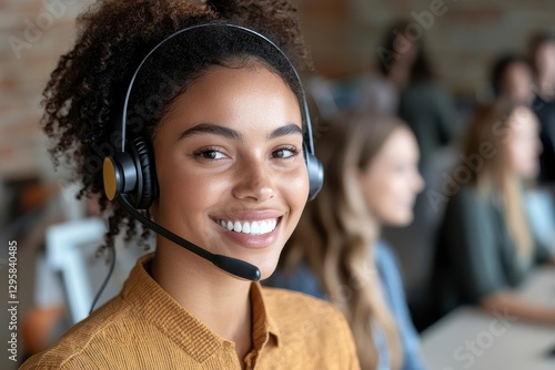 Capture the essence of exceptional customer service with a stunning image showcasing a friendly and professional woman wearing a headset, ready to assist and resolve queries This image embodies