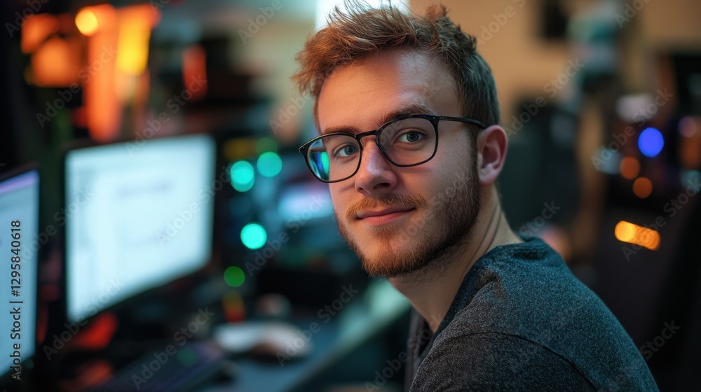 Young man with glasses looking back while working at a computer desk with colorful lights and technology in a cozy environment at night Young man with glasses looking back while working at a computer desk with colorful lights and technology in a cozy environment at night