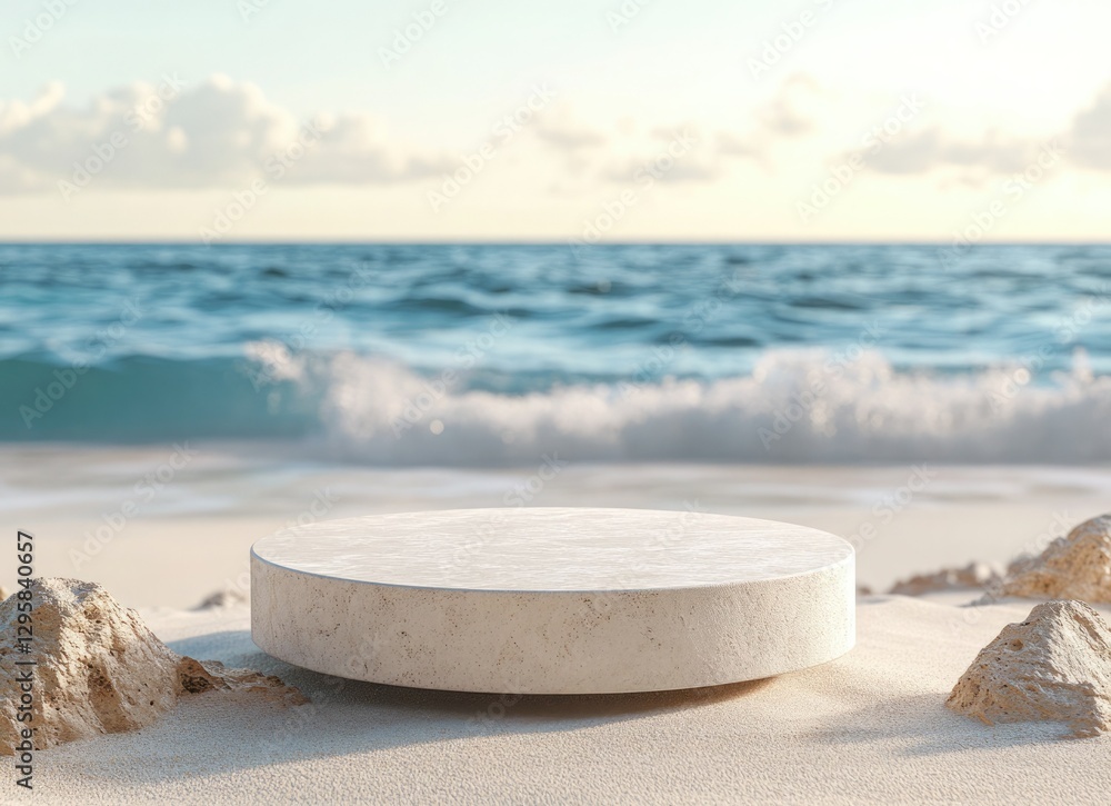 Minimalist round platform on sandy beach by the ocean during sunset with gentle waves and soft clouds in the sky Minimalist round platform on sandy beach by the ocean during sunset with gentle waves and soft clouds in the sky