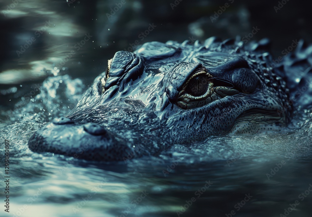 Obraz premium Close-Up of a Crocodile Emerging from Water with Glimmering Eyes and Distinctive Texture of Scaly Skin in a Natural Setting