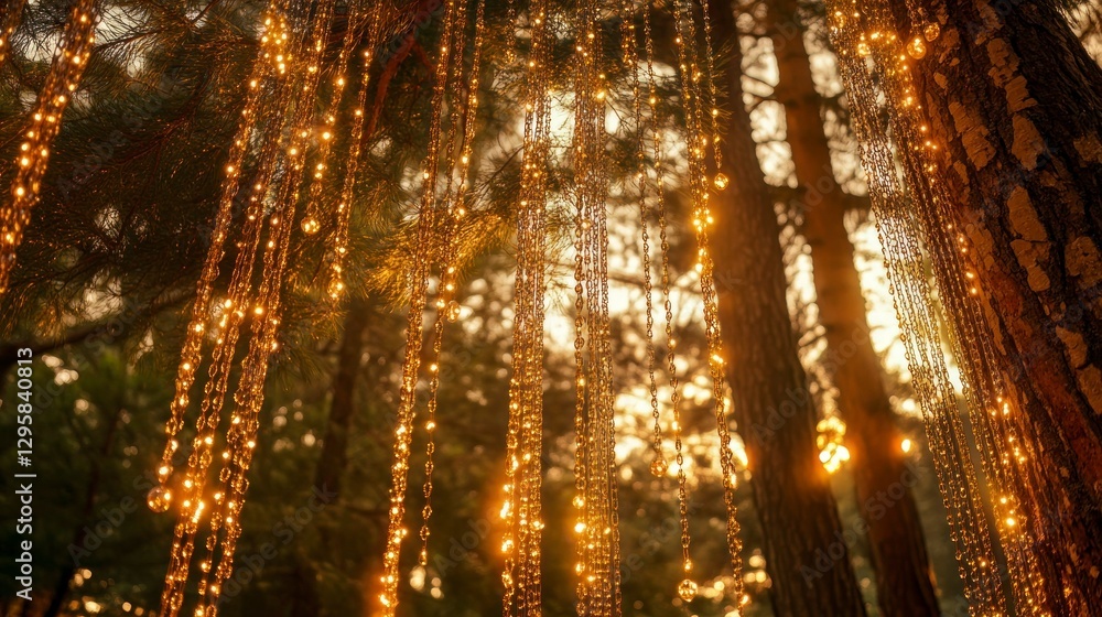 Naklejka premium Enchanting golden beaded air curtains cascading in a forest nature scene magical atmosphere soft lighting