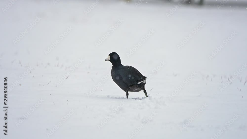 A Coot walking through snow during a storm in Utah in slow motion. A Coot walking through snow during a storm in Utah in slow motion.