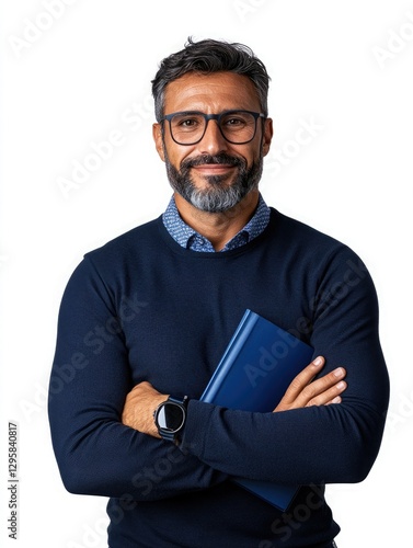 Professional man with glasses smiling confidently while holding a notebook in a modern office setting