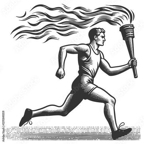 male athlete running with a flaming torch, symbolizing determination and achievement sketch engraving generative ai vector illustration. Scratch board imitation. Black and white image.