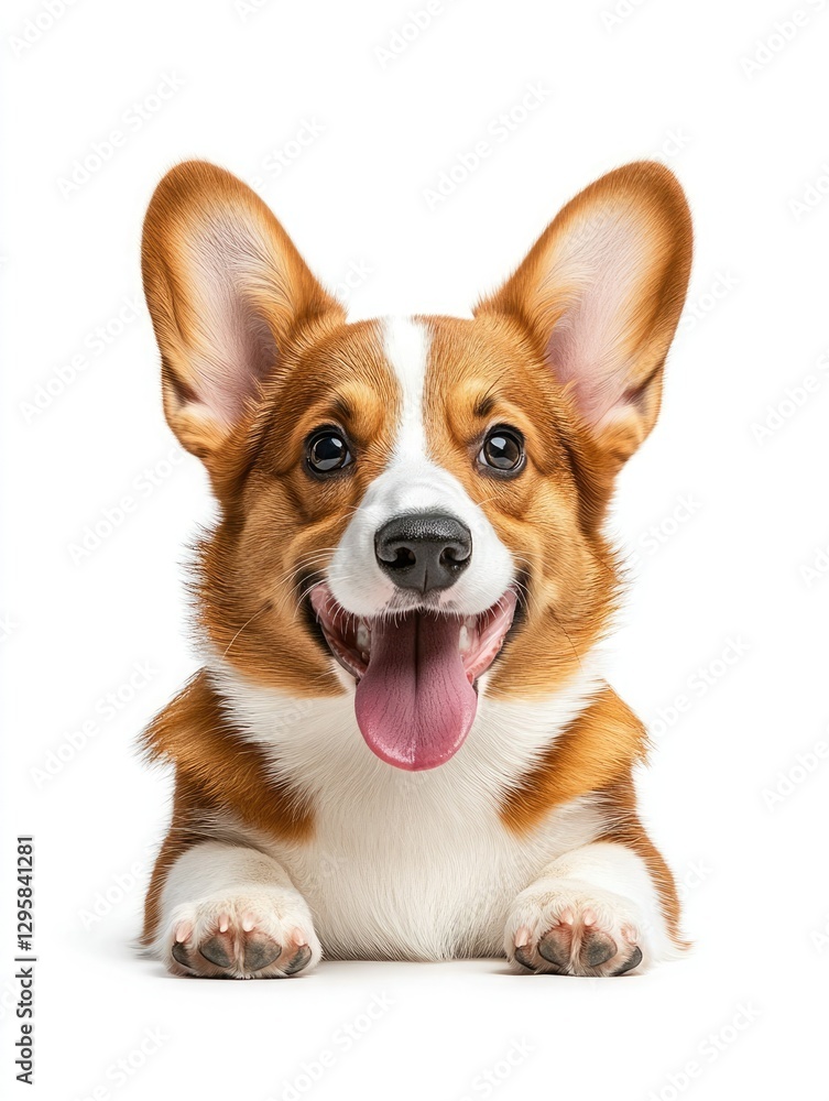 Happy corgi with a playful expression resting on a white background in a cheerful indoor setting Happy corgi with a playful expression resting on a white background in a cheerful indoor setting