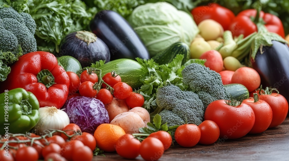 Top view A vibrant fresh vegetables and fruits high detail Top view A vibrant fresh vegetables and fruits high detail