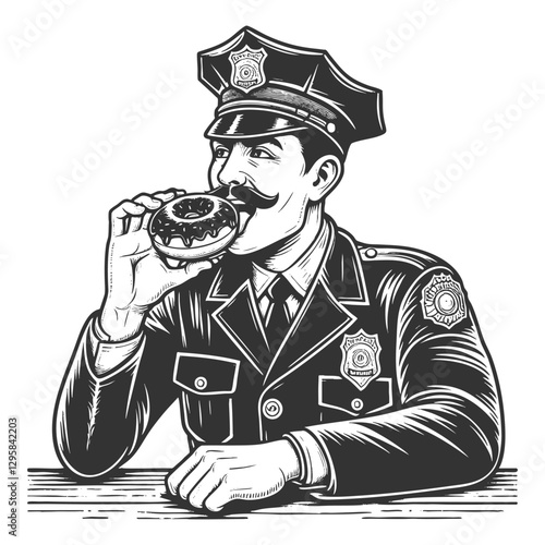 policeman biting into a donut, combining humor and nostalgia in a detailed vintage illustration style sketch engraving generative ai vector illustration. Scratch board imitation. Black and white image