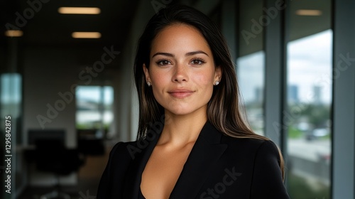 Confident businesswoman stands in modern office showcasing professional attire and poised expression Free Download Confident businesswoman stands in modern office showcasing professional attire and poised expression - GFXLoad