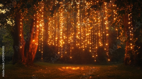 Cascading twinkling fairy lights in nature enchanting evening ambiance forest setting magical viewpoint