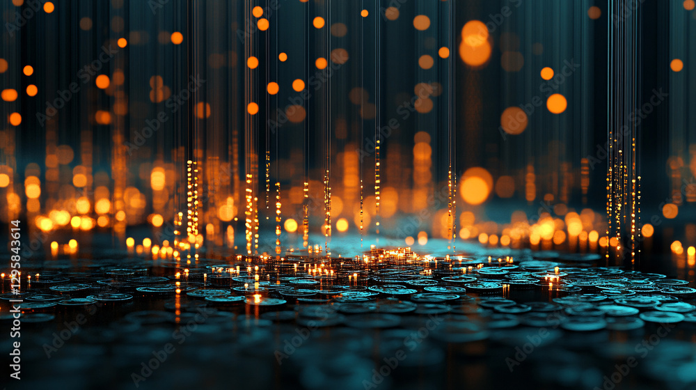 Obraz premium A mesmerizing digital scene showcasing shimmering coins with glowing lights, creating an enchanting and immersive atmosphere.