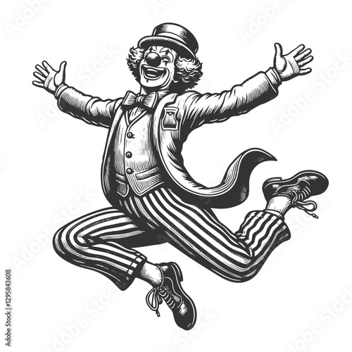 clown in mid-jump, wearing a classic costume with ruffles, buttons, and exaggerated shoes sketch engraving generative ai vector illustration. Scratch board imitation. Black and white image.
